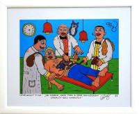 František R. Čech - Dr. Karen, prof. Pirk a Aschermann operují bez narkózy - signovaný umělecký tisk v rámu